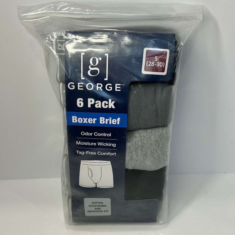 George Mens 6 Pack Boxer Briefs Small 28-30 Odor Control Moisture Wicking New